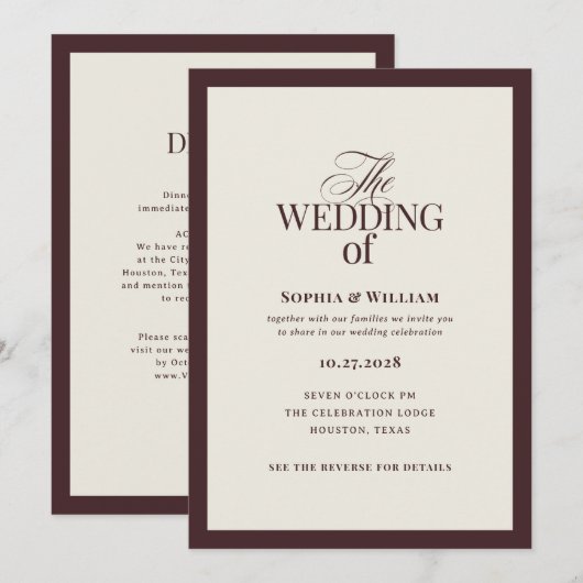 豪華なダークレッドとクリームのRSVP QRコード付き結婚式の招待状 招待状 (正面/裏面)