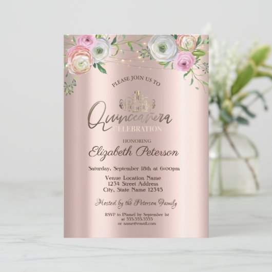 豪華なティアラとストリングライト、モダンでおしゃれなローズのキンセアニェーラ 招待状 (スタンド正面)