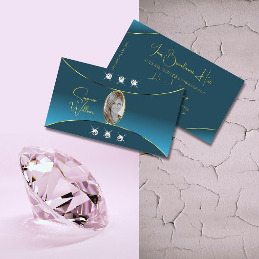 豪華なティール（緑がかった色）と金ゴールドデコール宝石と写真 名刺