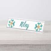 豪華なティール（緑がかった色）アイボリーフローラ名 デスクネームプレート (正面)