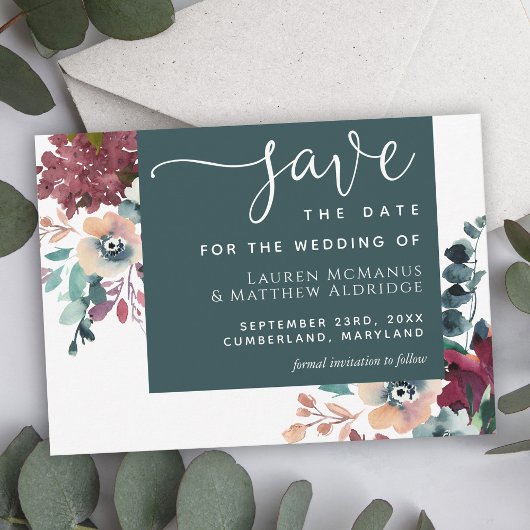 豪華なティール（緑がかった色）ブルゴーニュフローラ保存日 セーブザデート