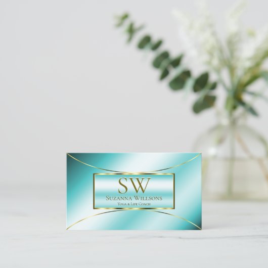 豪華なティール（緑がかった色）金ゴールドデコールとモノグラムと写真 名刺 (スタンド正面)