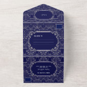 豪華なネイビーブルーとシルバーのグレートギャツビー風20年代ウェディング オールインワン招待状 (外側)