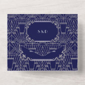 豪華なネイビーブルーとシルバーのグレートギャツビー風20年代ウェディング オールインワン招待状 (裏面)