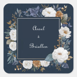 豪華なネイビーブルーと白の芍薬の花のゴールドフレーム スクエアシール