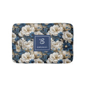 豪華なネイビーブルーの花 カスタムネームバスマット バスマット (正面)