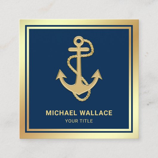 豪華なネイビーブルーゴールドホイルの航海ロープアンカー スクエア名刺 (正面)