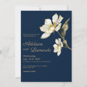 豪華なネイビーブルー ゴールド ホワイト グリッター フラワー ウェディング 招待状 (正面)