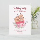 豪華なネイルアートの花の誕生日パーティー招待状 招待状 (スタンド正面)