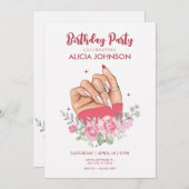 豪華なネイルアートの花の誕生日パーティー招待状 招待状 (正面/裏面)