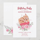 豪華なネイルアートの花の誕生日パーティー招待状 招待状 (正面/裏面)