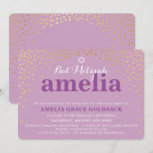 豪華なバット・ミツバ【輝く】ラスティゴールドのコンフェッティとパープル 招待状 (正面/裏面)