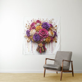豪華なバラの芸術作品、金とカラフルなドリップ タペストリー