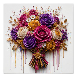 豪華なバラの芸術作品、金とカラフルなドリップ ポスター