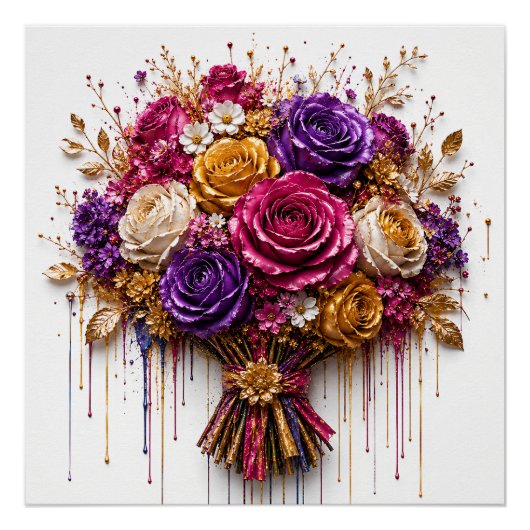 豪華なバラの芸術作品、金とカラフルなドリップ ポスター (正面)