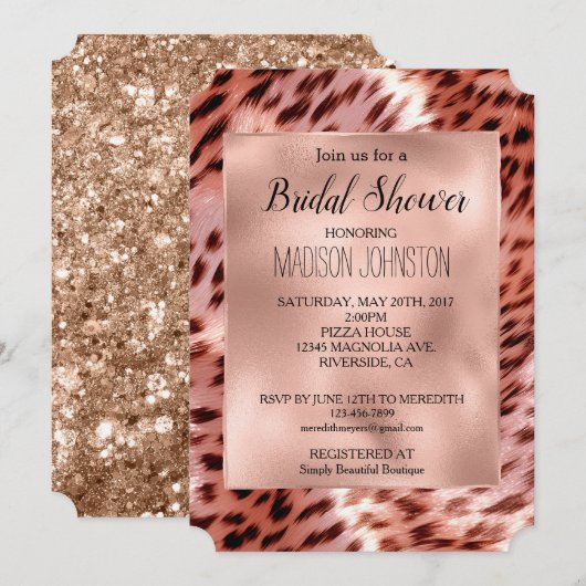 豪華なバラゴールドのヒョウ柄 ブライダルシャワー 招待状 (正面/裏面)