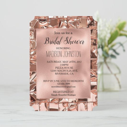 豪華なバラ色のゴールドスクエアグリッター ブライダルシャワー 招待状 (スタンド正面)