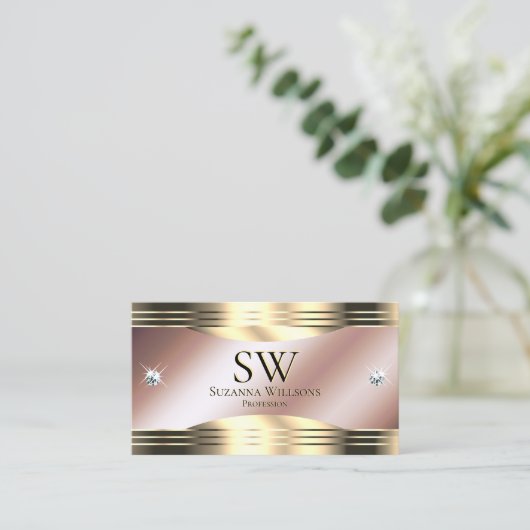 豪華なバラ金ゴールド光沢ダイヤモンドモノグラム写真 名刺 (スタンド正面)