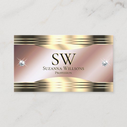 豪華なバラ金ゴールド光沢ダイヤモンドモノグラム写真 名刺 (正面)