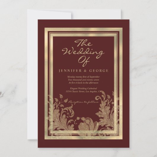 豪華なバーガンディゴールドの花柄結婚式 招待状 (正面)