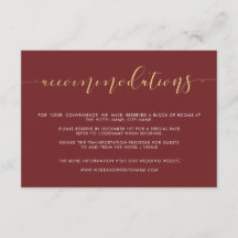 豪華なバーガンディ＆ゴールドの結婚式用宿泊施設カード