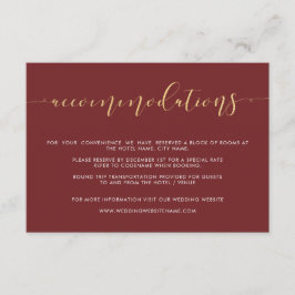 豪華なバーガンディ＆ゴールドの結婚式用宿泊施設カード エンクロージャーカード