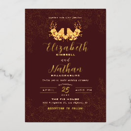 豪華なバーガンディ＆ゴールドの鳥の花柄 箔招待状