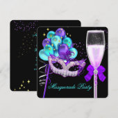 豪華なパープル ティール ブラック マスカレード パーティー 2 招待状 (正面/裏面)