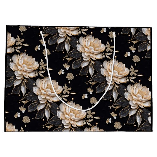 豪華なパールブラックの牡丹の花模様エレガント ラージペーパーバッグ (裏面)