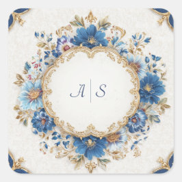 豪華なビクトリア調の青と金の花柄デザイン スクエアシール