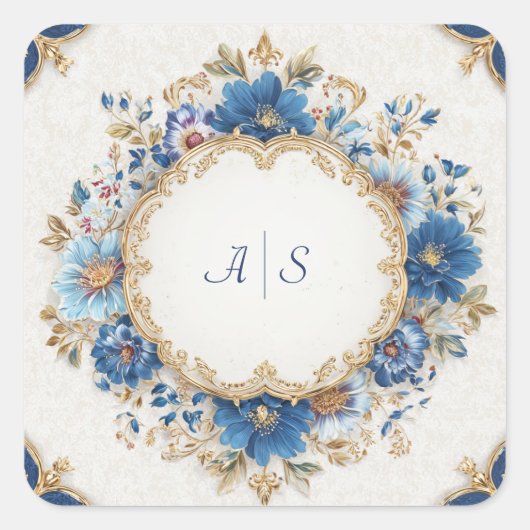 豪華なビクトリア調の青と金の花柄デザイン スクエアシール (正面)