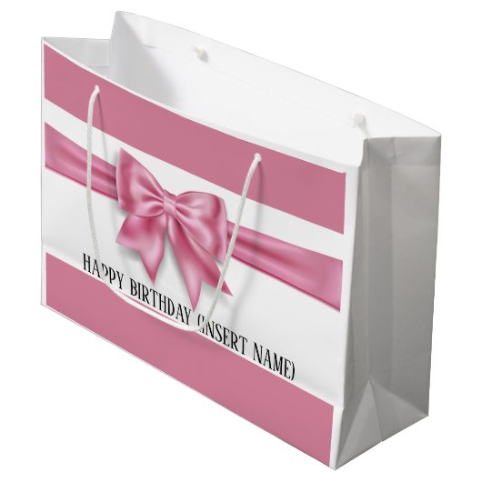 豪華なビッグピンクボウブロードストライプDIYパーティー ラージペーパーバッグ (正面アングル)
