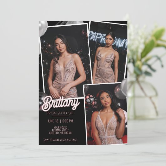 豪華なピンクとブラックのプロム送り出し 三つの写真を飾る 招待状 (スタンド正面)