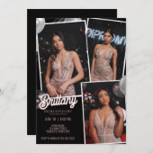 豪華なピンクとブラックのプロム送り出し 三つの写真を飾る 招待状 (正面/裏面)