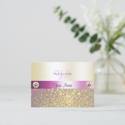 豪華なピンクと金ゴールドシメリーグリッターモノグラム 名刺 (スタンド正面)