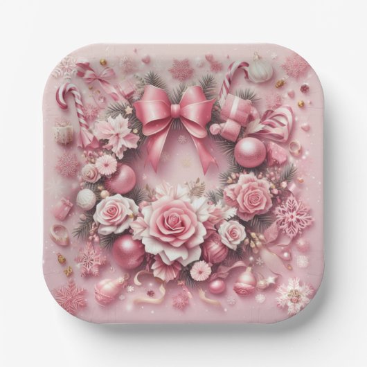 豪華なピンクのクリスマスリースフローラリボン ペーパープレート (正面)
