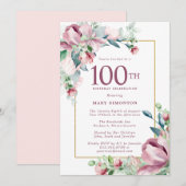 豪華なピンクのバラの花 100歳の誕生日 招待状 (正面/裏面)