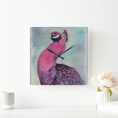 豪華なピンクの孔雀 スクエア壁時計 (ホーム)