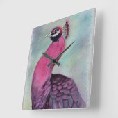 豪華なピンクの孔雀 スクエア壁時計 (傾斜)