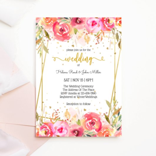 豪華なピンクの水彩花に魅了さ結婚れた 招待状
