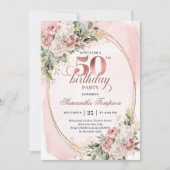 豪華なピンクの花とグリーンで飾る50歳の誕生日  招待状 (正面)
