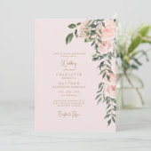 豪華なピンクの花とゴールドの文字のピンクの結婚式 招待状 (スタンド正面)