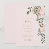 豪華なピンクの花とゴールドの文字のピンクの結婚式 招待状 (正面/裏面)