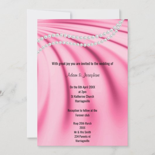 豪華なピンクサテンパールエレガントな結婚式 招待状 (正面)
