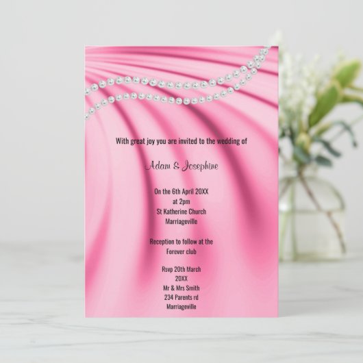 豪華なピンクサテンパールエレガントな結婚式 招待状 (スタンド正面)