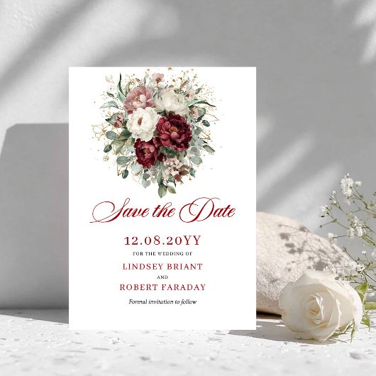 豪華なピンクバーガンディーの花の結婚式延期通知 セーブザデート