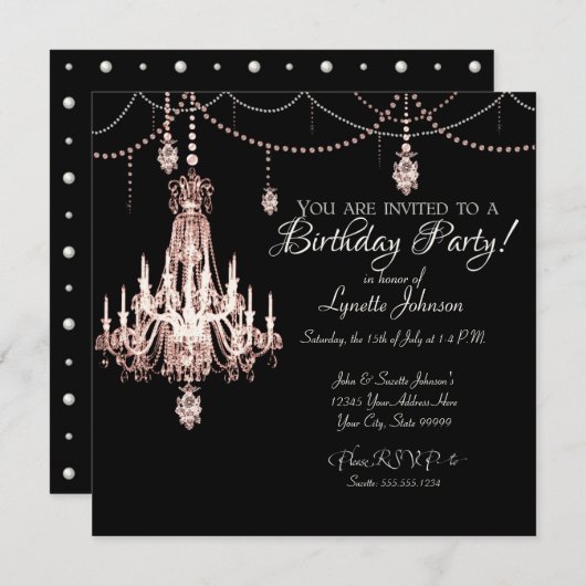 豪華なフランス風クリスタルシャンデリア誕生日パーティー 招待状 (正面/裏面)