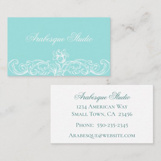 豪華なフローラ枠が青い名刺に白 名刺 (正面/裏面)