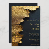 豪華なブラックとゴールドのグリッターウェディング 招待状 (正面/裏面)