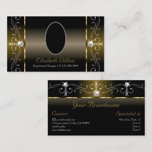 豪華なブラックと金ゴールドのスクワイグド宝石と写真 名刺 (正面/裏面)